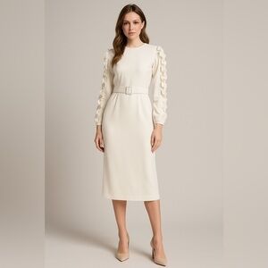 White Ruffle Sleeve Midi Dress Belted Modest Elegant Wedding Size M